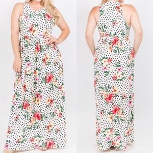 Floral Print Polka Dot Maxi White Dress 1X 2X 3X
